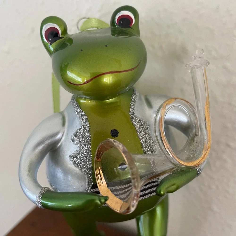 Glass Frog Holiday Christmas Ornament Playing Horn Hand Blown Musical Instrument